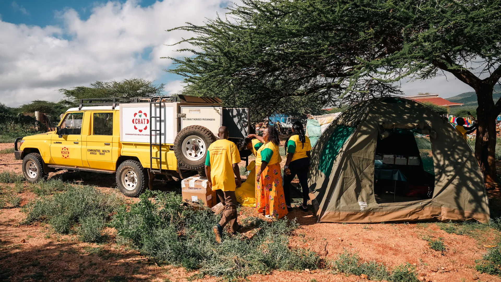 Traveling in small teams and setting up camp in the center of remote communities helps to engender trust between the CHAT team and locals.